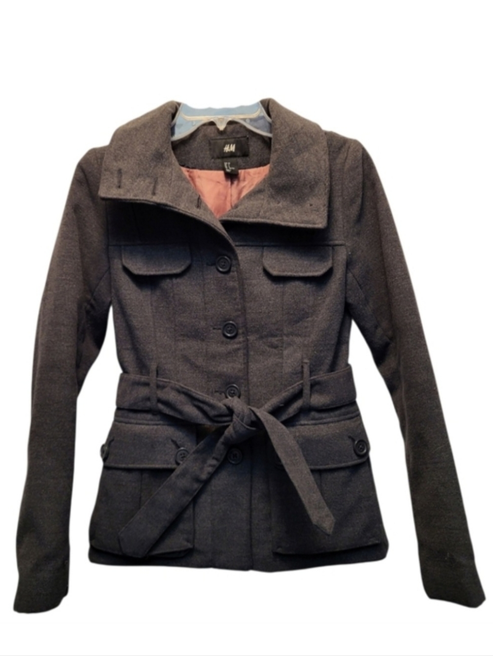 H&M Women's Heather Gray Belted Peacoat - Size 2